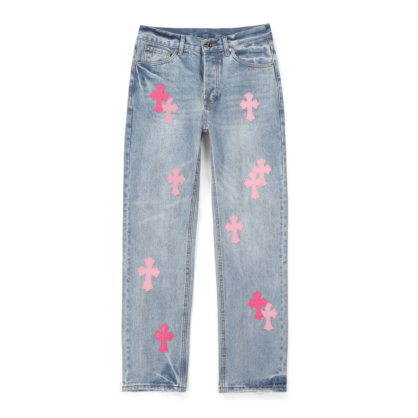 P260 Chrome Hearts 25FW CH Blue Pants Pink Leather Cross Bamboo Jeans. It adopts patchwork elements, mostly in the shape of a cross, and has glitter on the leather surface. Unique design, simple and elegant details, exquisite workmanship, the entire trousers are neatly routed, and the details are in place! It’s also so cool that both men and women can easily control it. It’s a gender-neutral trendy up version. Color: blue pants and pink leather Size: 28 30 32 34 36